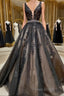 A Line V Neck Black Lace Formal Prom Dresses, Black Lace Formal Evening Dresses