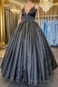 A Line V Neck Black Satin Long Formal Prom Dress with Pocket, V Neck Black Formal Graduation Evening Dress