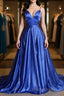 A Line V Neck Blue Long Formal Prom Dress, V Neck Blue Formal Graduation Evening Dress