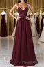 A Line V Neck Burgundy Chiffon Long Formal Prom Dress with Lace Back, V Neck Lace Back Burgundy Formal Graduation Evening Dress