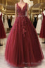A Line V Neck Burgundy Lace Formal Prom Dresses, Burgundy Lace Formal Dresses, Burgundy Evening Dresses