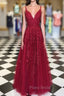 A Line V Neck Burgundy Lace Formal Prom Dresses, Wine Red Lace Formal Evening Dresses