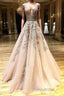 A Line V Neck Champagne Lace Formal Prom Dresses, V Neck Champagne Lace Formal Graduation Evening Dresses