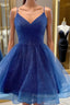 A Line V Neck Dark Blue Short Formal Prom Dresses, Short Blue Graduation Homecoming Cocktail Dresses