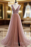 A Line V Neck Dark Pink Beaded Long Formal Prom Dresses, V Neck Pink Long Formal Graduation Dresses