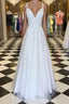 A Line V Neck Floor Length Lace White Long Formal Prom Dresses, White Lace Formal Dresses, V Neck White Evening Dresses