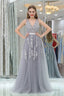 A-Line V-neck Floor-Length Tulle Appliqued Long Prom Dresses