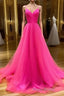 A Line V Neck Hot Pink Long Formal Prom Dresses, V Neck Hot Pink Long Formal Evening Dresses