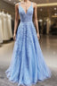 A Line V Neck Light Blue Lace Formal Prom Dresses, V Neck Light Blue Lace Formal Evening Dresses