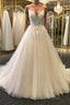 A Line V Neck Light Champagne Lace Formal Prom Dresses, Light Champagne Lace Wedding Formal Dresses