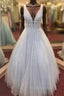 A-line V Neck Long/Floor-Length Tulle GlitterFormal Prom Dresses With Beading