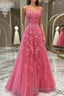 A Line V Neck Open Back Beaded Hot Pink Lace Long Formal Prom Dresses, Hot Pink Lace Formal Graduation Evening Dresses