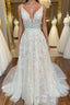 A Line V Neck Open Back White Lace Long Formal Prom Dress, V Neck White Lace Formal Dress, White Lace Evening Dress