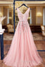 A-Line V Neck Pink Tulle Lace Applique Long Formal Prom Dresses Evening Dresses