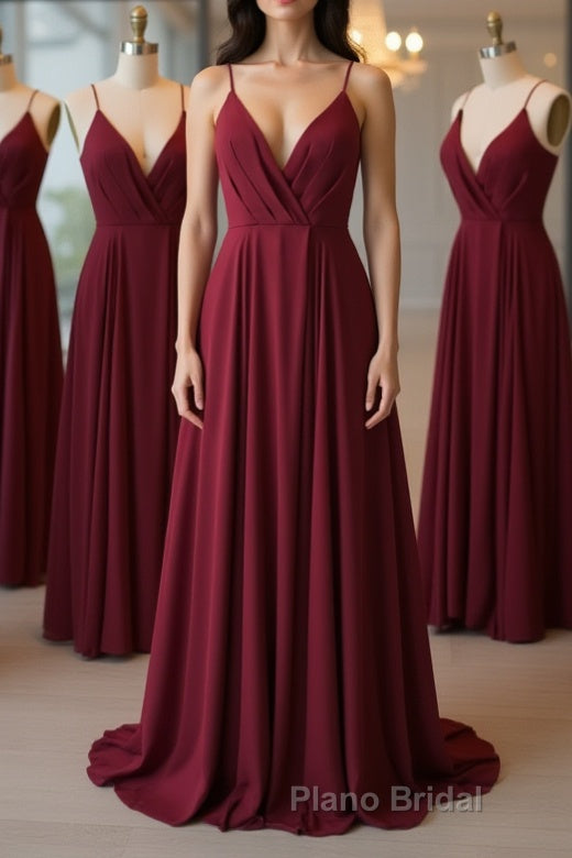 A Line V Neck Pleated Burgundy Long Formal Prom Dress, V Neck Burgundy