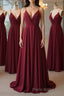 A Line V Neck Pleated Burgundy Long Formal Prom Dress, V Neck Burgundy Long Evening Dress, Burgundy Graduation Dress, Formal Dress
