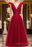 A Line V Neck Red Tea Length Formal Prom Dress with Corset Back, Red Tea Length Formal Graduation Dresses