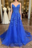 A Line V Neck Royal Blue Lace Formal Prom Dresses, Royal Blue Lace Formal Evening Dresses