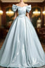 A-Line V Neck Satin Blue Long Formal Prom Dresses, Blue Long Formal Dresses