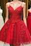 A Line V Neck Short Backless Red Lace Formal Prom Dresses, Short Red Backless Lace Formal Homecoming Dresses