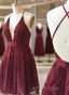A Line V Neck Short Burgundy Lace Formal Prom Dresses, Short Burgundy Lace Formal Homecoming Dresses