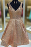 A Line V Neck Short Champagne Lace Formal Prom Dresses, V Neck Short Champagne Lace Formal Homecoming Dresses