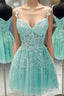 A Line V Neck Short Green Lace Formal Prom Dresses, Short Green Lace Formal Homecoming Dresses