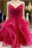 A-line V Neck Short/Mini Tulle Homecoming Dresses With Glitter Pleated