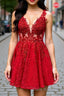 A Line V Neck Short Red Lace Formal Prom Dress, Red Lace Formal Graduation Homecoming Dress