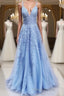 A Line V Neck Sky Blue Lace Formal Prom Dresses, Light Blue Lace Formal Evening Dresses