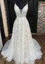 A-line V Neck Sleeveless Lace Court Train Prom Dresses With Pleated