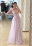 A-line V Neck Sleeveless Long/Floor-Length Tulle Prom Dresses With Appliqued Beading Flowers