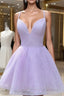 A-line V Neck Sleeveless Organza Short/Mini Homecoming Dresses With Glitter