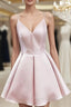 A-line V Neck Sleeveless Satin Short/Mini Homecoming Dresses With Ruffles
