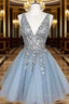 A-line V Neck Sleeveless Short/Mini Homecoming Dresses With Beading Ruffles Sequins