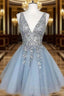 A-line V Neck Sleeveless Short/Mini Homecoming Dresses With Beading Ruffles Sequins