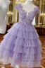 A-line V Neck Sleeveless Tulle Short/Mini Homecoming Dresses With Appliqued