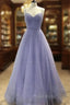 A-line V Neck Spaghetti Straps Long/Floor-Length Tulle Formal Prom Dresses With Beading Sequins
