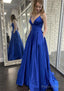 A-line V Neck Spaghetti Straps Sweep Train Charmeuse Prom Dresses With Pockets