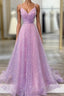 Unique Formal Prom Dresses, A-line V Neck Spaghetti Straps Sweep Train Sequined Formal Prom Dresses With Pleated