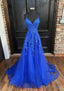 A-line V Neck Spaghetti Straps Sweep Train Tulle Prom Dresses With Appliqued