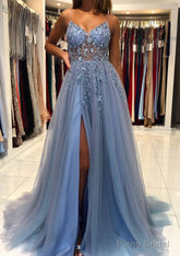 A-line V Neck Spaghetti Straps Sweep Train Tulle Prom Dresses With Beading Sequins Split