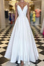A Line V Neck Spaghetti Straps White Formal Prom Dresses, V Neck White Formal Graduation Evening Dresses