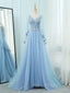 A-Line V Neck Tulle Lace Blue Long Formal Prom Dresses, Blue Formal Evening Dresses