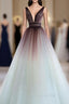 A-Line V Neck Tulle Long Brown Formal Prom Dresses, Tulle Long Evening Dresses