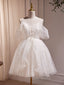 A-Line V Neck Tulle Short Beige Formal Prom Dresses, Cute Beige Homecoming Dresses