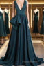 A Line V Neck V Back Green Satin Long Formal Prom Dresses, Long Green Formal Evening Dresses