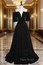 A-Line V Neck Velvet Black Long Formal Prom Dresses, Black Formal Evening Dresses