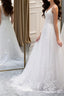 A Line V Neck White Lace Long Formal Prom Dress, White Lace Wedding Dress, White Formal Evening Dress