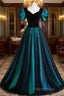 A-Line Velvet And Tulle Long Formal Prom Dresses, Short Sleeve Party Dresses Formal Dresses